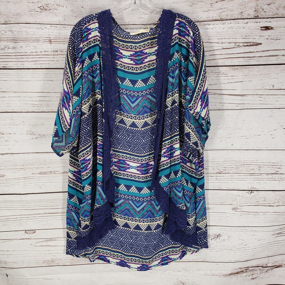 Liberty Love Multicolor Crochet Trim  Kimono Cardigan Size XL